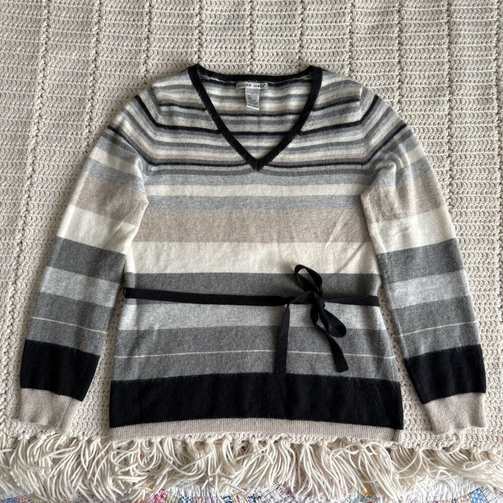 Jillian Jones Angora And Wool Blend V-Neck Striped Sweater With Belt Size Large
